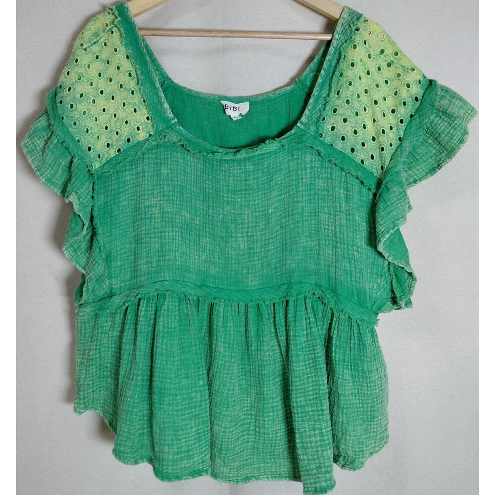 BiBi Green Eyelet Shoulder Ruffled Peasant Blouse
